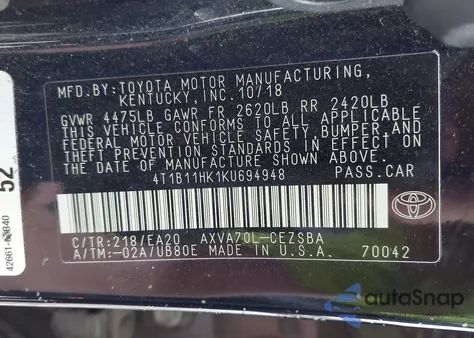 2019 Toyota Camry Se z USA, uszkodzony, nr VIN 4T1B11HK1KU694948